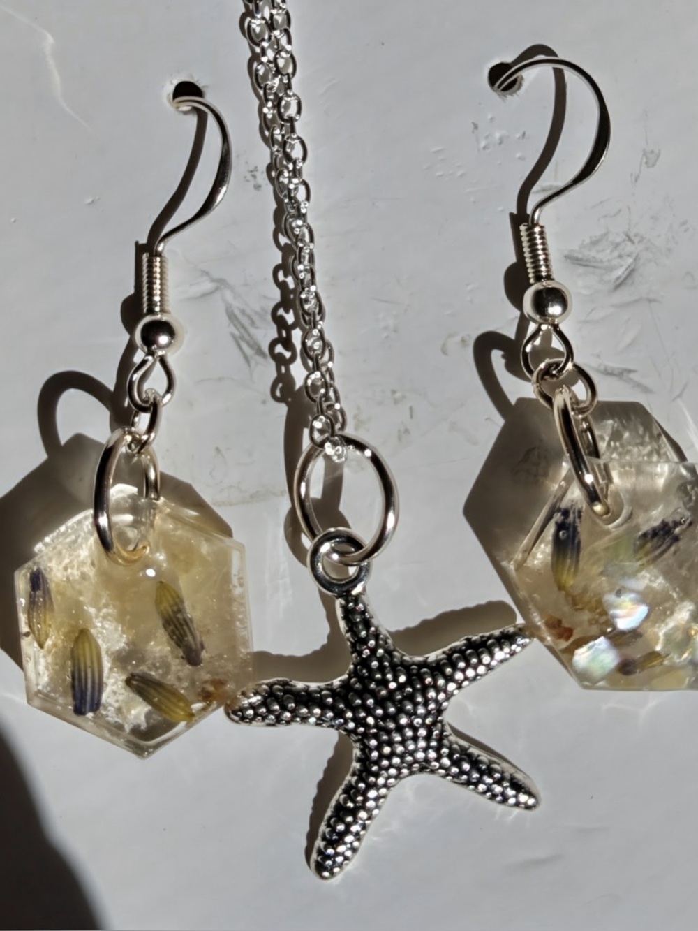 Handmade Yellow Resin Hexagon Earrings with wildflowers! Very colorful on Silver